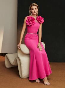MOTF Soiréza BIG STEREO FLOWER DETAIL CONTRAST MESH YOKE MERMAID HEM FORMAL DRESS