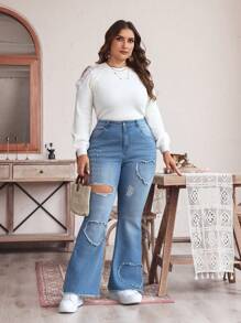 SHEIN LUNE Jeans casuales de talla grande para mujer con bolsillo y bota acampanada rotos