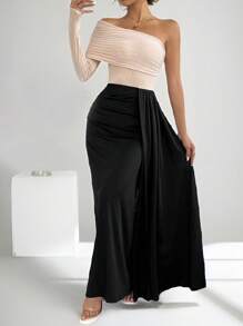 Chiquease فستان طويل الأكمام ذو كتف واحد أنيق وأنيق بألوان متباينة