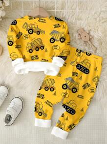 SHEIN 年轻男孩卡通汽车印花紧身长袖上衣和裤子休闲家居服，适合秋冬季 - 彩色 - 查看 2