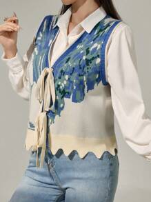 Mulvari 女士秋冬 V 领提花图案系带毛衣背心 - 彩色 - 查看 6