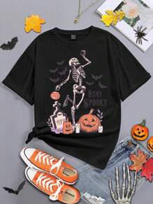 Girls Casual Round Neck Knit Printed T-Shirt - Black - View 1