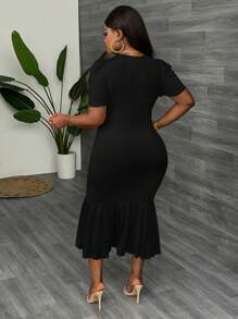 Slaydiva Váy dài ngang gối xếp ly tay raglan màu trơn thanh lịch cỡ lớn, màu vàng, mùa hè - màu đen - Xem 3