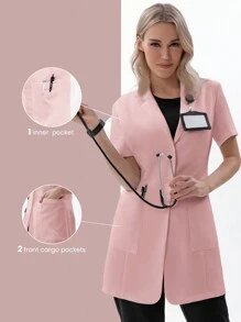 TaskEZ Women Scrubs  Uniform Button Front Hospital Nurse Scrub Dress Lab Coat Clothe 2 Front Pockets+ One Inner Pocket - Pink - View 1