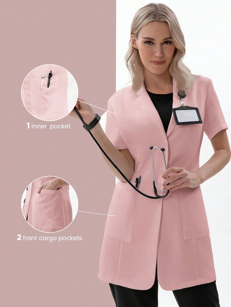 TaskEZ Women Scrubs  Uniform Button Front Hospital Nurse Scrub Dress Lab Coat Clothe 2 Front Pockets+ One Inner Pocket - Pink - View 1