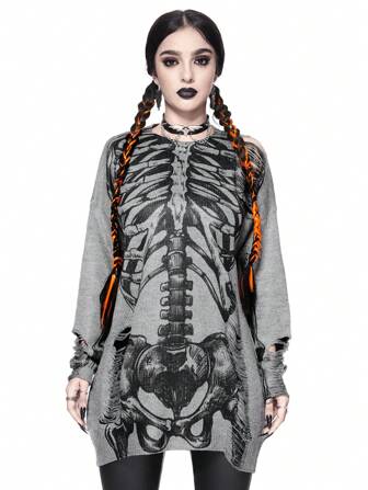 Goth Halloween Skeleton Print Distressed Oversized Women Sweater