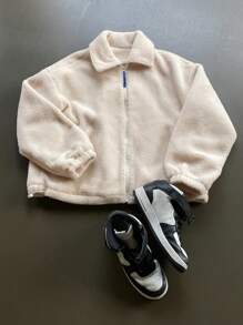 DAZY 女士秋冬宽松休闲翻领落肩长袖抓绒外套，保暖内衬女式大衣 - 米色 - 查看 9