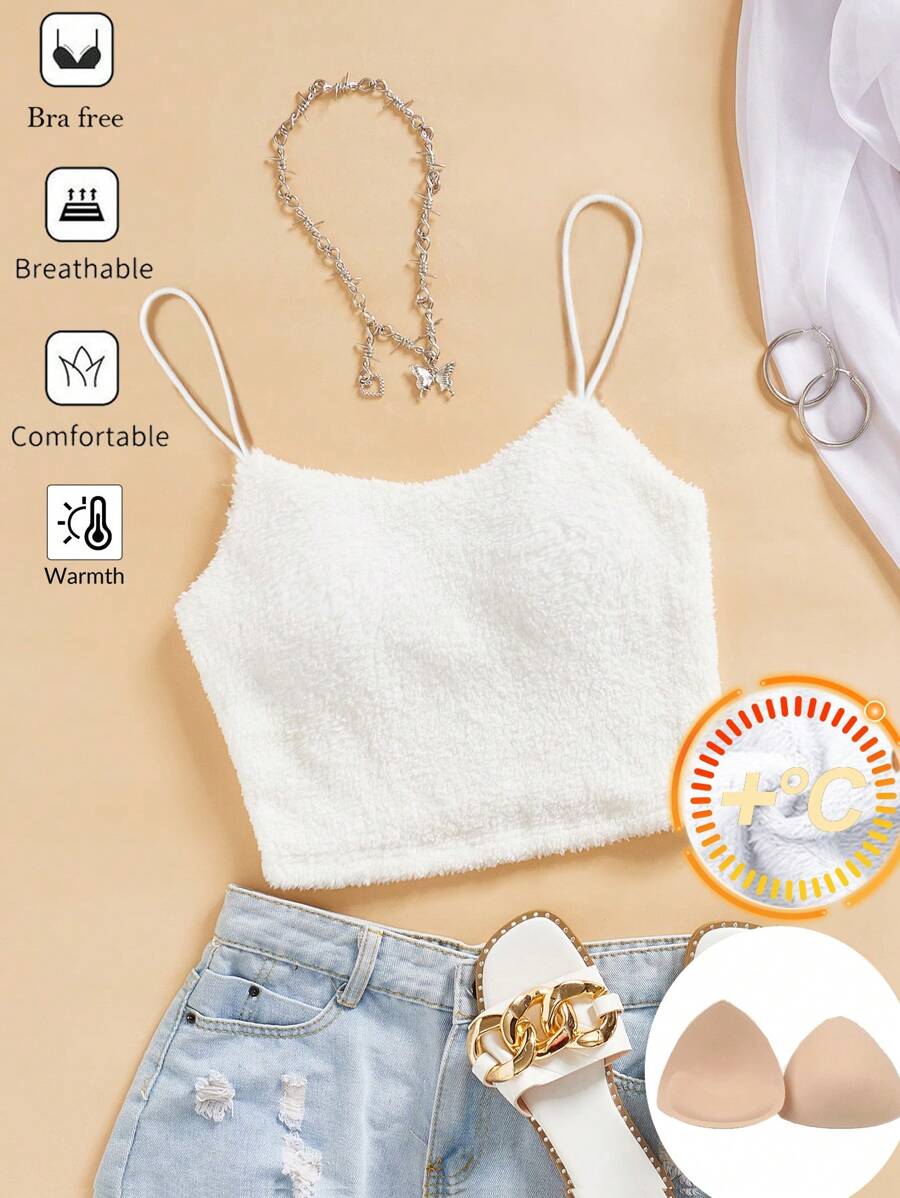 SHEIN Essnce Áo ba lỗ lông cừu màu trơn thường ngày cho nữ mùa thu Áo ba lỗ hở lưng ôm vừa vặn, đệm ngực bó sát, áo ba lỗ cơ bản, áo nữ, áo ba lỗ không cần áo ngực, quần áo mùa thu cho nữ - trắng - Xem 1