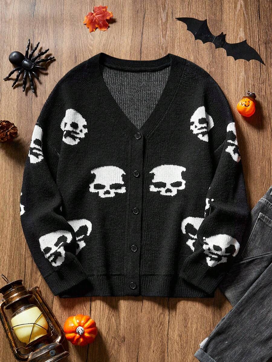 SHEIN CURVE+ 大码休闲朋克黑暗万圣节骷髅针织开衫 - 黑色 - 查看 1