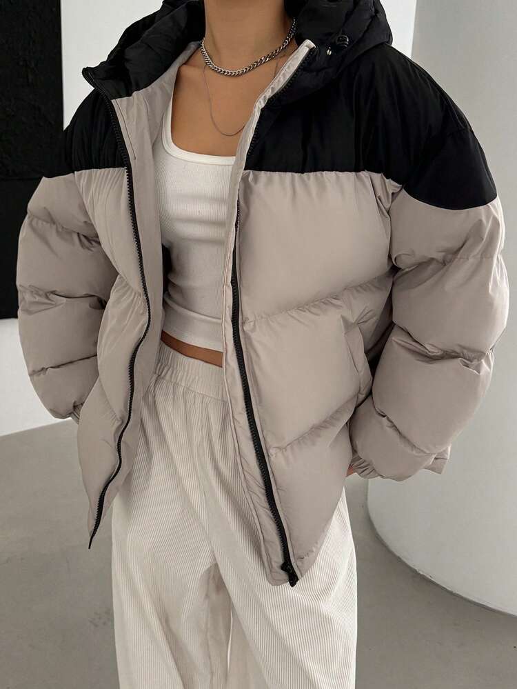 Women's Color Block Simple Style Long Sleeve Padded Coat For Daily Wear ,Winter Women Clothes,Winter Coat Women Jacket
