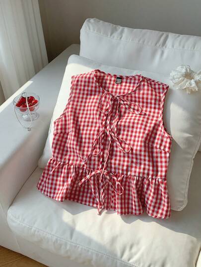 Comfortcana Women's Red Plaid Sleeveless Casual Shirt With Ruffle Hem,Sleeveless Tops Valentine's Day