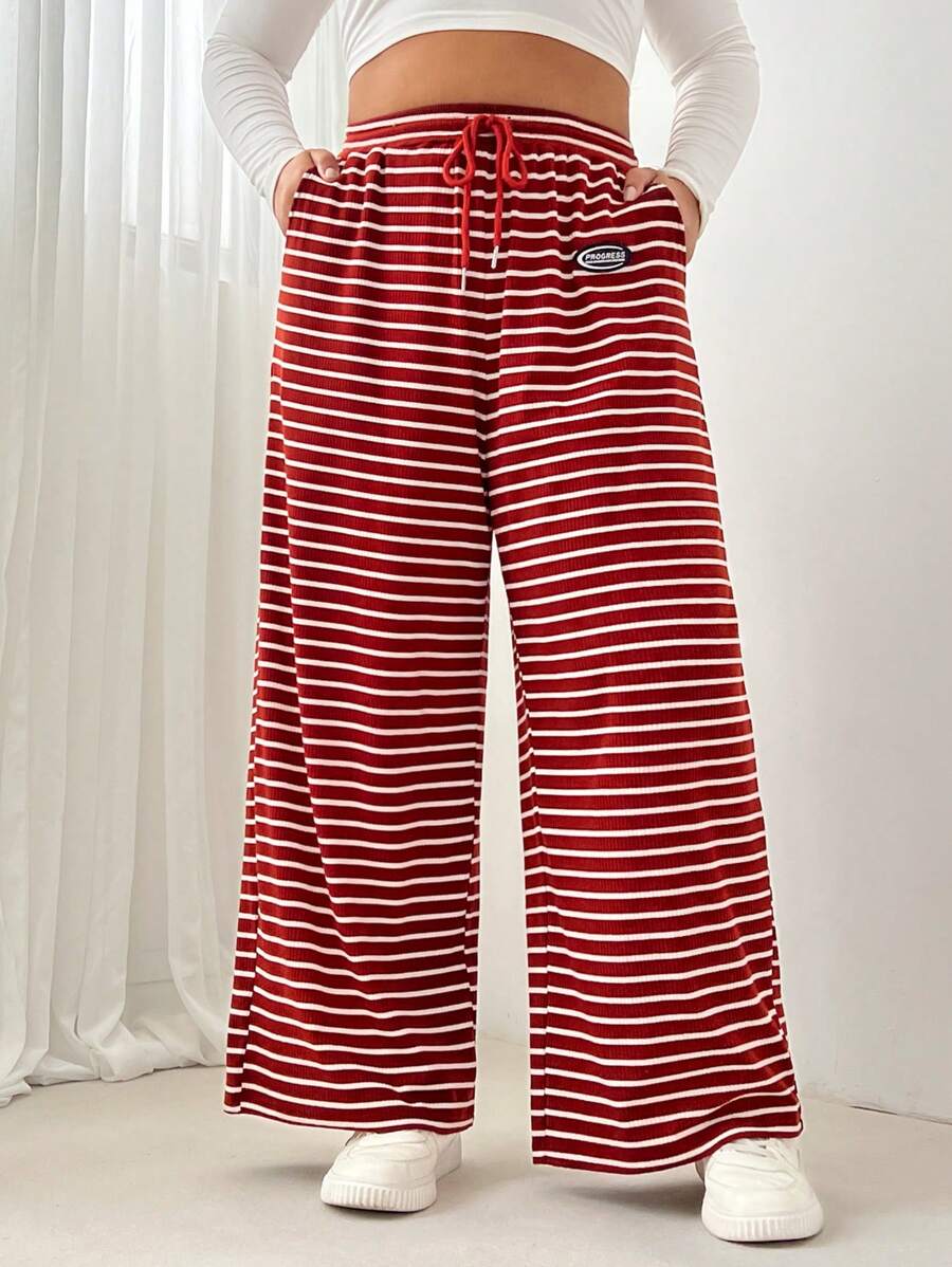 SHEIN EZwear 大码女式夏季休闲宽松高腰直筒裤带口袋，红色条纹针织面料 - 乾枯玫瑰色 - 查看 1