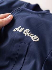 PrepCrw 少女海军蓝字母刺绣梭织修身长袖棉服外套，返校季 - 藍色 - 查看 4