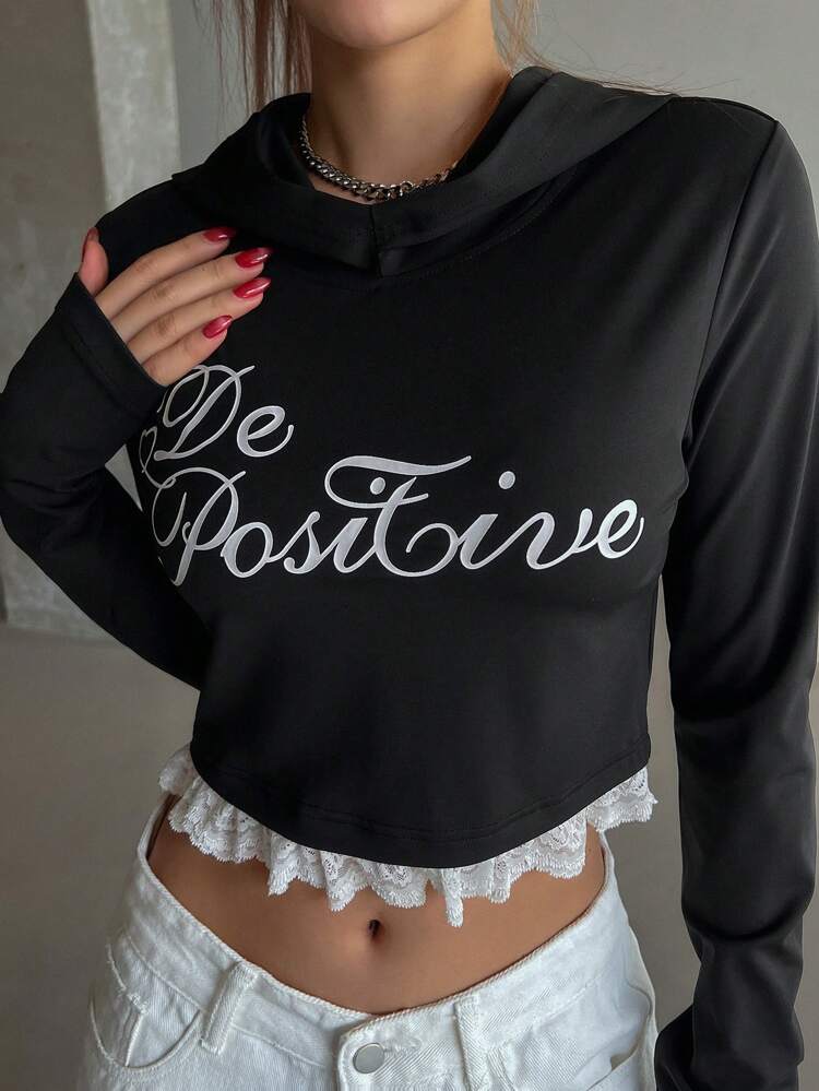 Women's Lace Patchwork Letter Graphic Hoodie Sweatshirt