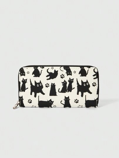 ROMWE Kawaii 1 件可爱猫咪设计拉链钱包带蝴蝶结装饰，女士零钱包