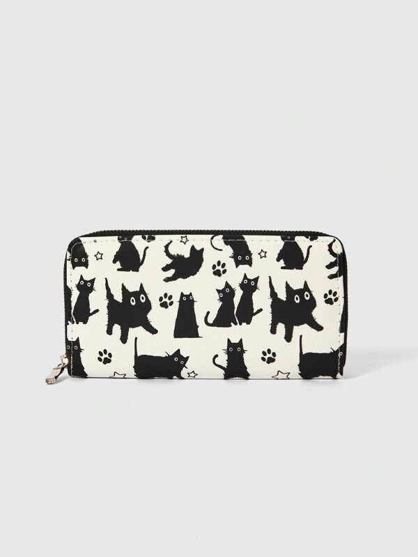 ROMWE Kawaii 1pc Cute Cat Design Zipper Wallet With Bow Decor, Ladies Coin Purse