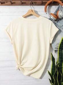 INAWLY 女士夏季花卉字母印花圆领短袖休闲 T 恤 - 杏色 - 查看 2