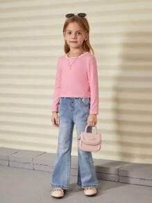 Tricou casual pentru fetiță tânără, tricot, de culoare solidă, cu model de inimă