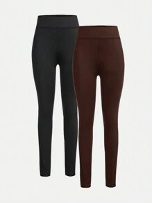 SHEIN 2 件装少女纯色针织口袋休闲紧身裤 - 棕色 - 查看 5