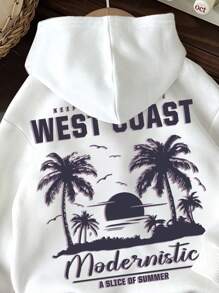 SHEIN Leap Crew Áo nỉ dày dặn, dáng rộng, in hình cây cọ, phong cách tối giản, thích hợp cho bé gái tuổi teen, mùa thu và mùa đông. - trắng - Xem 3