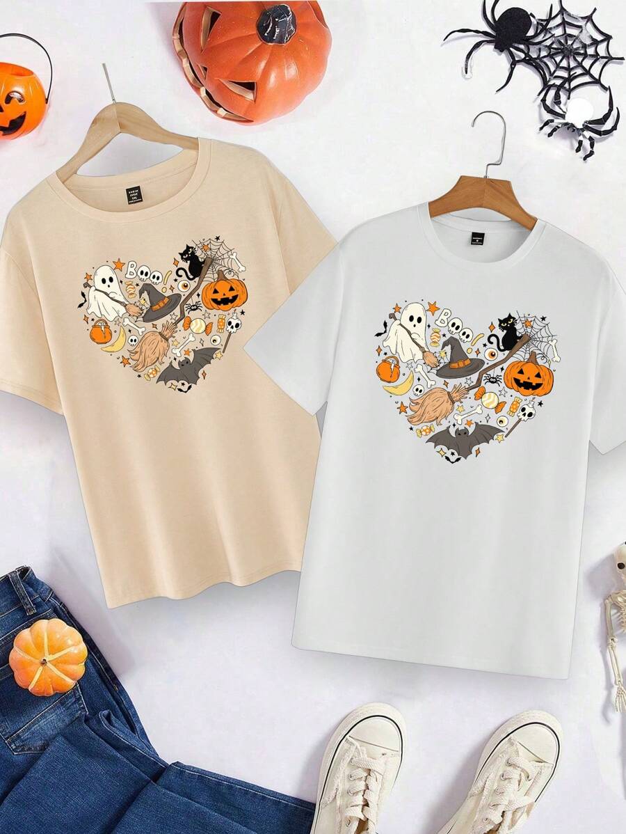 Manfinity Hypemode Áo thun cổ tròn in hình trái tim theo chủ đề Halloween thời trang giản dị hợp thời trang dành cho nam, màu trắng - trắng - Xem 1