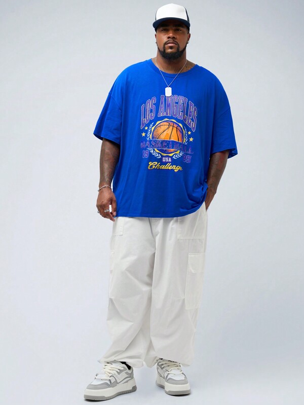 Manfinity VCAY Camiseta de manga corta de talla grande para hombre, de ajuste suelto, de punto, con estampado de baloncesto, adecuada para el verano