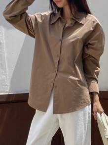 DAZY 女士休闲纯色落肩长袖衬衫，适合工作、春夏季 - 棕色 - 查看 4
