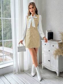 SHEIN Privé Spring & Autumn Elegant Color-Block Tie Collar Dress - Apricot - View 4