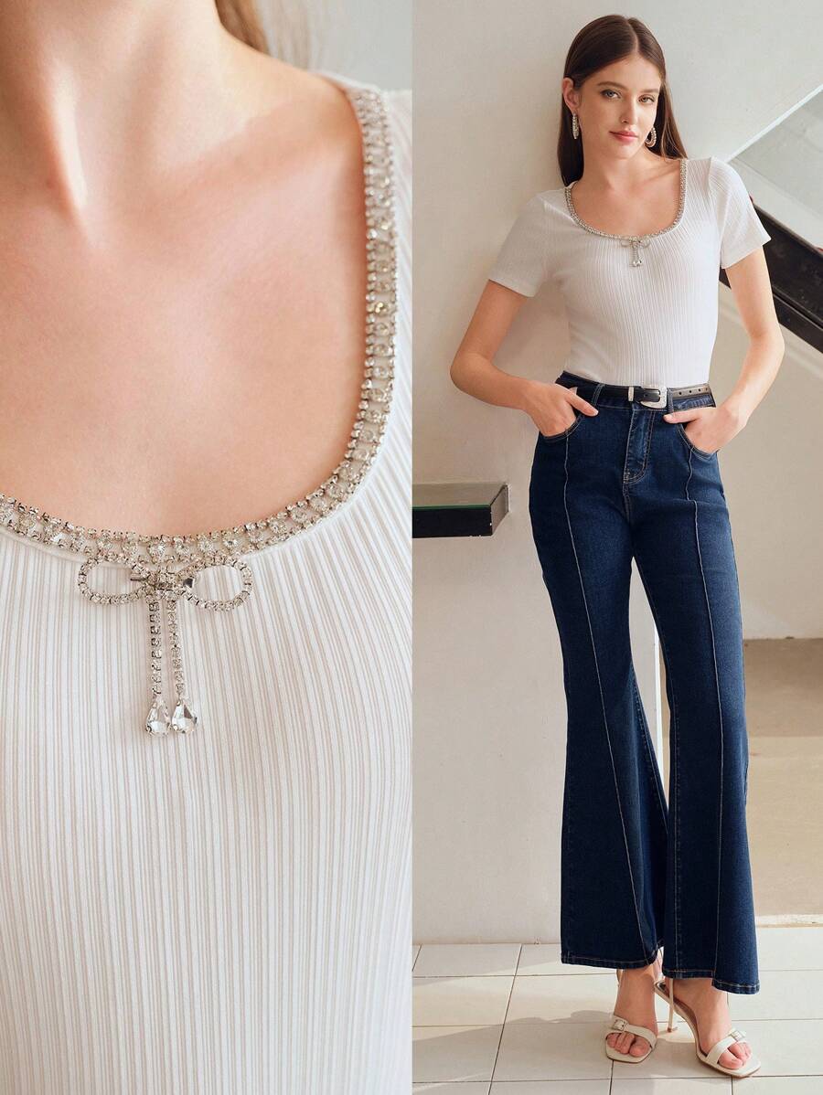 MOTF STUDIO RHINESTONE BOW TRIM TEXTURED SLIM FIT TEE