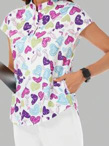 TaskEZ Women Heart Pattern Stand Collar Bat Wing Sleeve Blouse And Pants Uniform Scrub Set - White - View 5