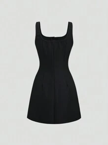 SHEIN Unity 女式夏季金属纽扣装饰方领无袖休闲连衣裙 - 黑色 - 查看 2