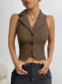 SHEIN Unity Chaleco de traje de una sola hilera con solapa de unicolor para dama en verano - Café integral - Ver 3