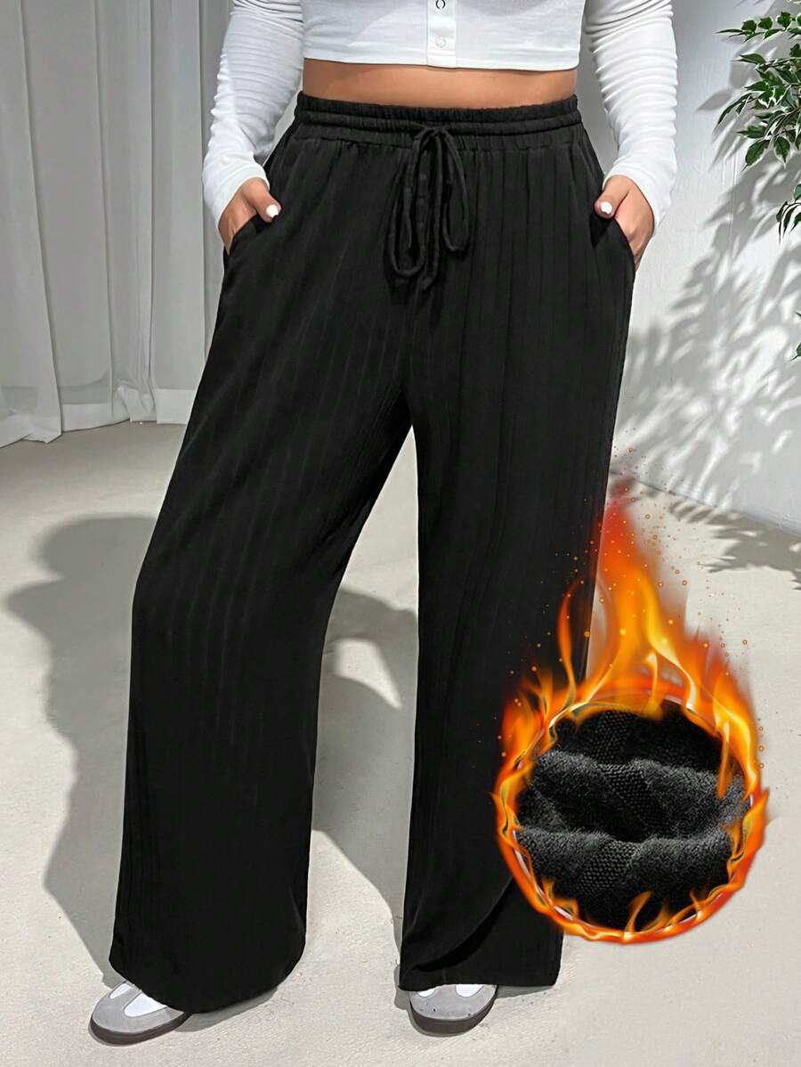 SHEIN EZwear Quần dài ống rộng màu đen có dây rút ở eo cỡ lớn dành cho nữ - màu đen - Xem 1