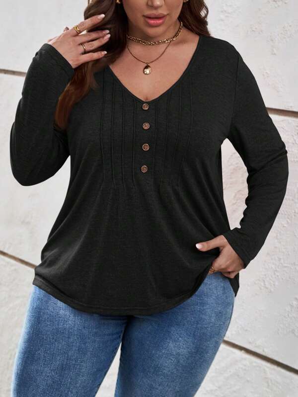 EMERY ROSE Plus Size Women's V-Neck Long Sleeve Button Decor Casual T-Shirt, Spring & Summer