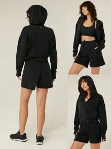 GLOWMODE Modal Fleece Power Zip Side Pockets Hoodie Long Sleeve Sweater With Thumbholes Daily Casual - Black - View 6