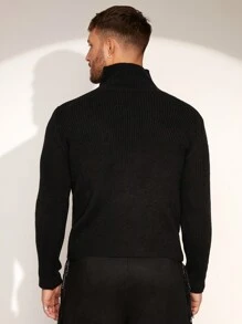 FeverCity Men's High Collar Tight-Fitting Hollow Heart Pattern Sweater, For Fall Winter - Black - View 3