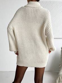 Chiquease 女士纯色高领落肩长袖加厚针织毛衣，秋冬针织套头衫 - 米色 - 查看 2