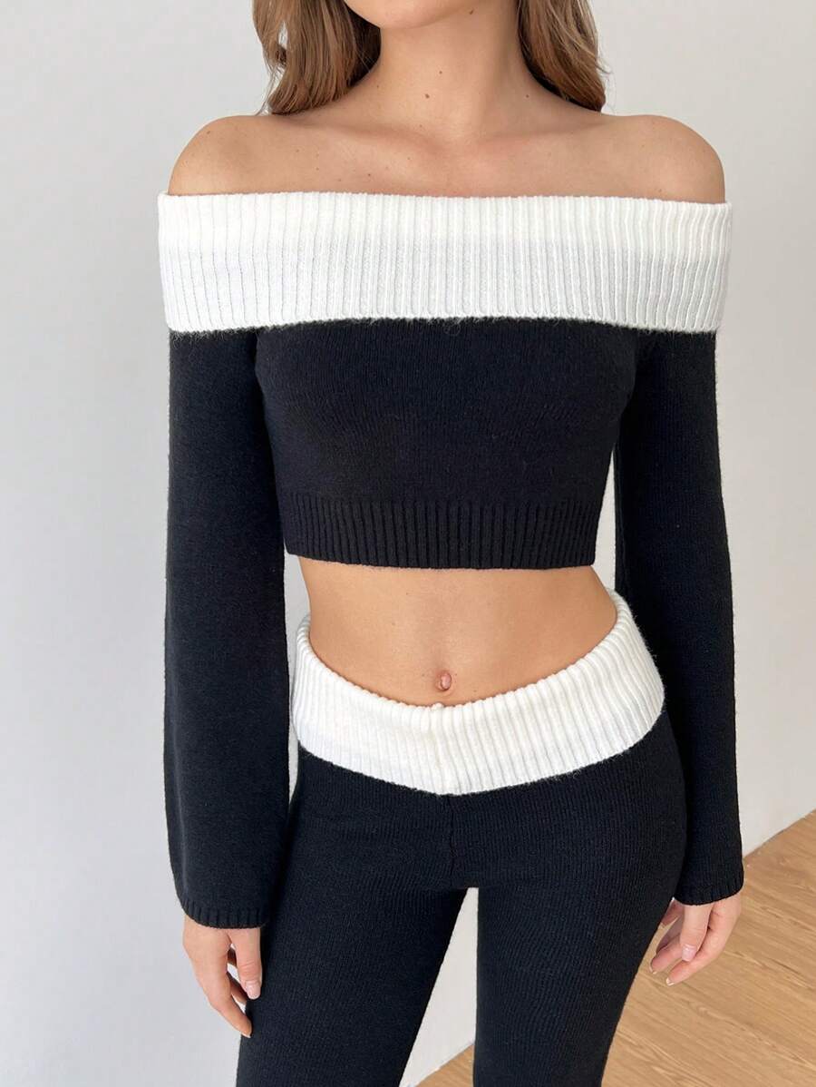 SHEIN Unity 2 Pieces Women's Solid Color Patchwork Off-Shoulder Long Sleeve Sweater And Pants Casual Set - Black and White - View 1