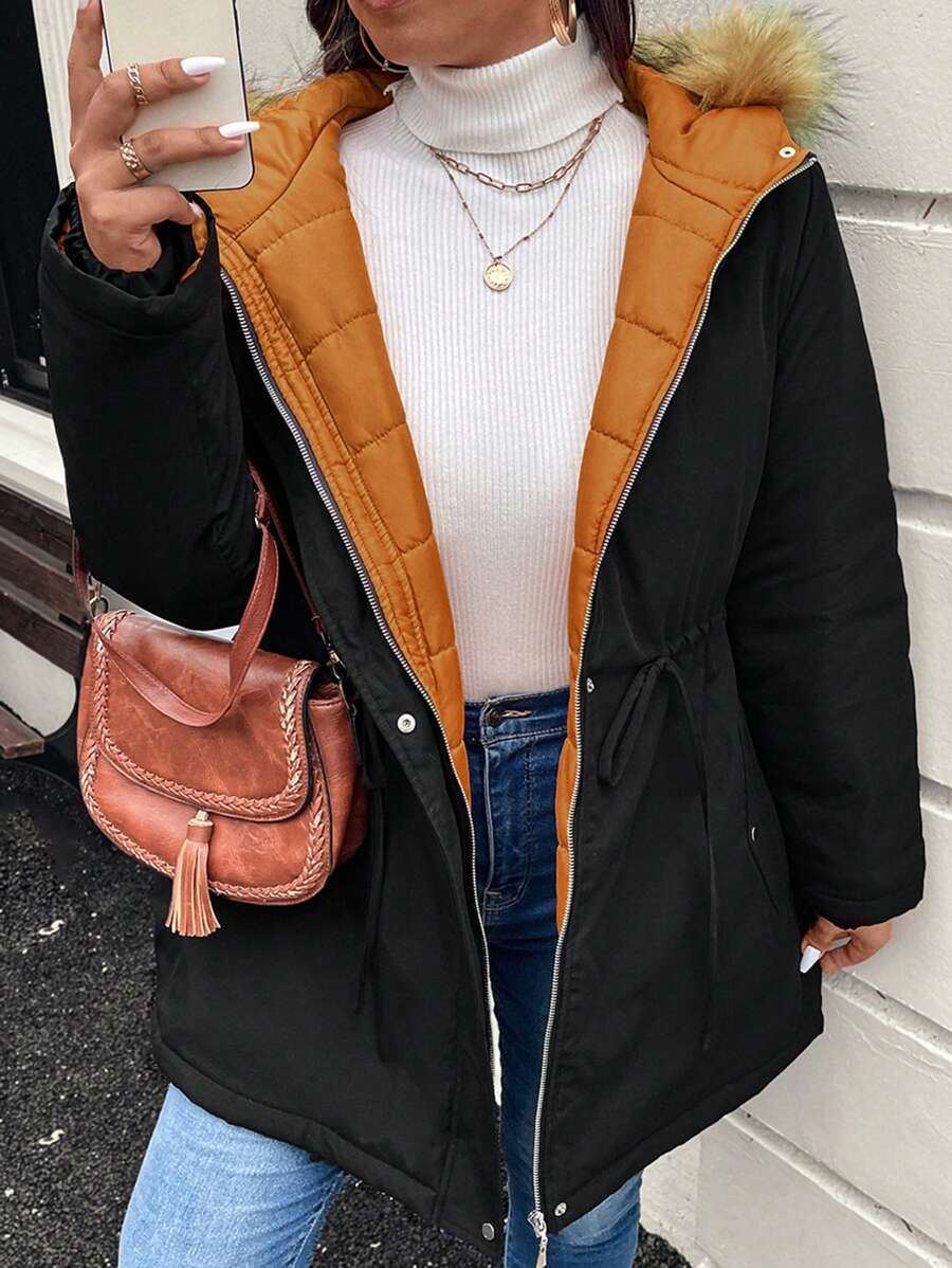 SHEIN LUNE Plus Size Women Drawstring Waist Hooded Loose Casual Parka Padded Coat, Winter - Black - View 1