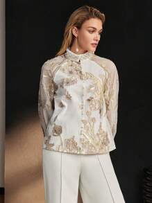 MOTF PREMIUM JACQUARD FLOWER APPLIQUE MOCK NECK FAUX PEARL AND RHINESTONE DETAIL BLOUSE