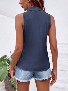 EMERY ROSE Sleeveless Button-Up Minimalist Casual Blouse Women Shirt - Navy Blue - View 2