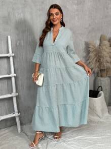SHEIN LUNE Đầm suông rộng rãi, thường ngày, cổ chữ V, tay áo 3/4, họa tiết kẻ caro cỡ lớn cho nữ mùa hè - Màu xanh Bạc hà - Xem 7
