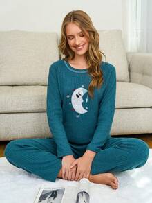 EURMUSE 2 Pieces Moon Embroidery With Contrast Stitching Detail Lounge Set - Mint Blue - View 3