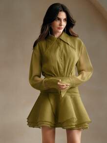 Anewsta 荷叶边饰休闲罩衫连衣裙，配低腰欧根纱女装 - 綠色 - 查看 3