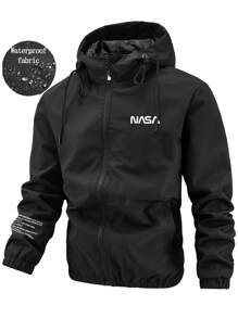 Manfinity Homme Men's Hooded Black Zip-Up Printed Sport Outdoor Windbreaker Jacket, Autumn/Winter, Going Out Hooded Black Long Sleeve Light Jacket, For Friends, Husband, Boyfriend Gifts