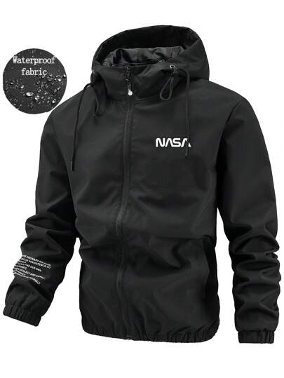 Manfinity Homme Men's Hooded Black Zip-Up Printed Sport Outdoor Windbreaker Jacket, Autumn/Winter, Going Out Hooded Black Long Sleeve Light Jacket, For Friends, Husband, Boyfriend Gifts