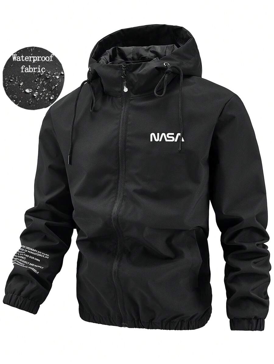 Manfinity Homme Men's Hooded Black Zip-Up Printed Sport Outdoor Windbreaker Jacket, Autumn/Winter, Going Out Hooded Black Long Sleeve Light Jacket, For Friends, Husband, Boyfriend Gifts