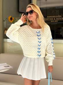 EURMUSE Women Hollow Out Ribbon Detailed Drop Shoulder Pullover - White - View 5