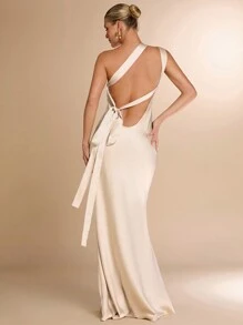 SHEIN BAE 女士杏色缎面不对称肩部镂空系带露背连衣裙，适合派对、鸡尾酒会、正式场合、浪漫约会、婚礼伴娘、秋冬季 - 杏色 - 查看 3