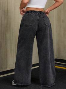 SHEIN ICON Jeans informales anchos y rotos tipo novio de talla grande para mujer - Negro - Ver 2